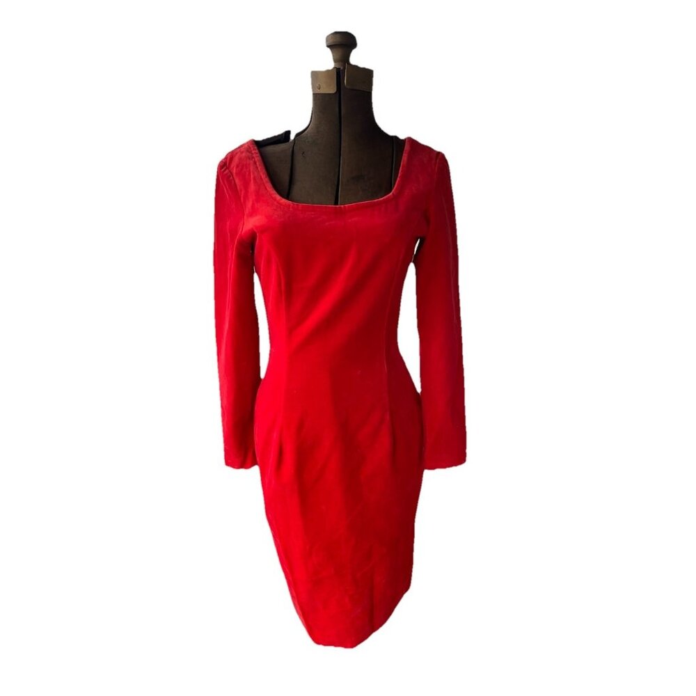 Vintage United Colors Of Benetton Dress Red Velvet 60s / 70s Sheath 42 / Small